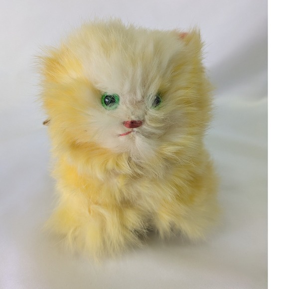 Vintage Yellow Kitten Plush Real Fur Jerry Eisner ?  Green Eyes Pink Ears - Picture 14 of 16